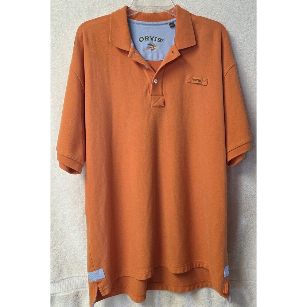 Orvis Mens Signature Polo Shirt Size XL Orange Pique Cotton 2HCJ Peru Rugby